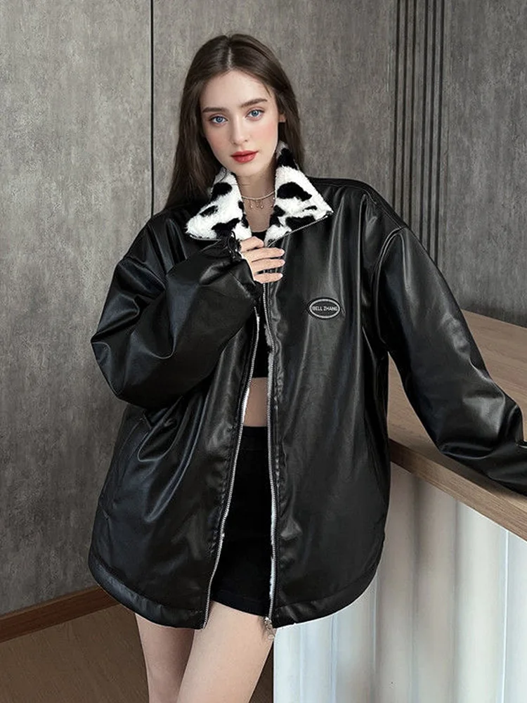 Mulheres reversível retro jaqueta de couro do plutônio grosso quente amor casaco casual streetwear moda outono inverno novas roupas femininas