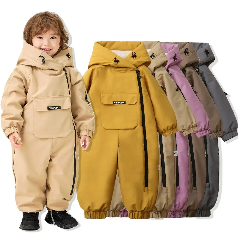 New Winter Children's Skiwear 2-5Y Warm Fur Lining Boys Snowsuit Windy Proof Baby Ski Rompers Baby Girls Outdoor Jumpsuits