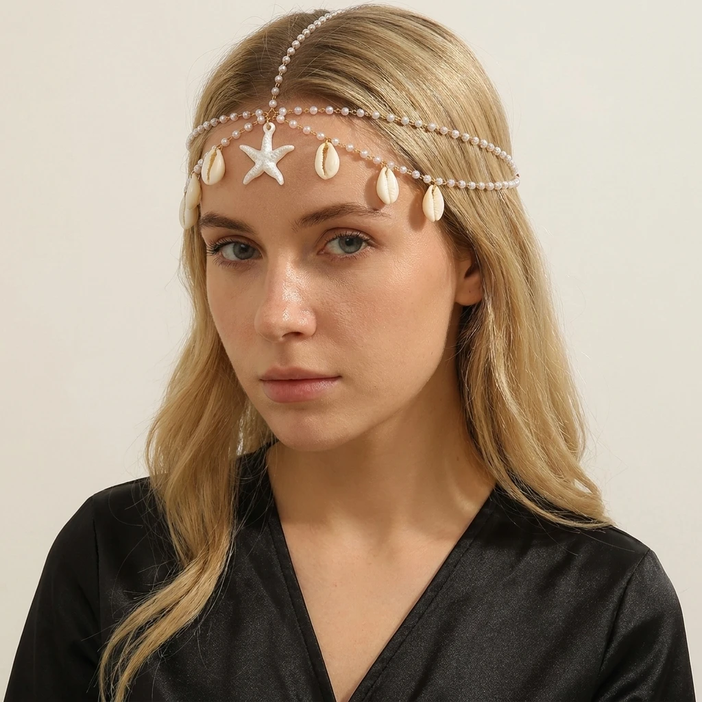Böhmischer Haarreif mit Muschel-Haarschmuck und Perlenketten-Quasten für Damen – Eleganter Kopfschmuck für Strandurlaub und Geschenke – Detail 1