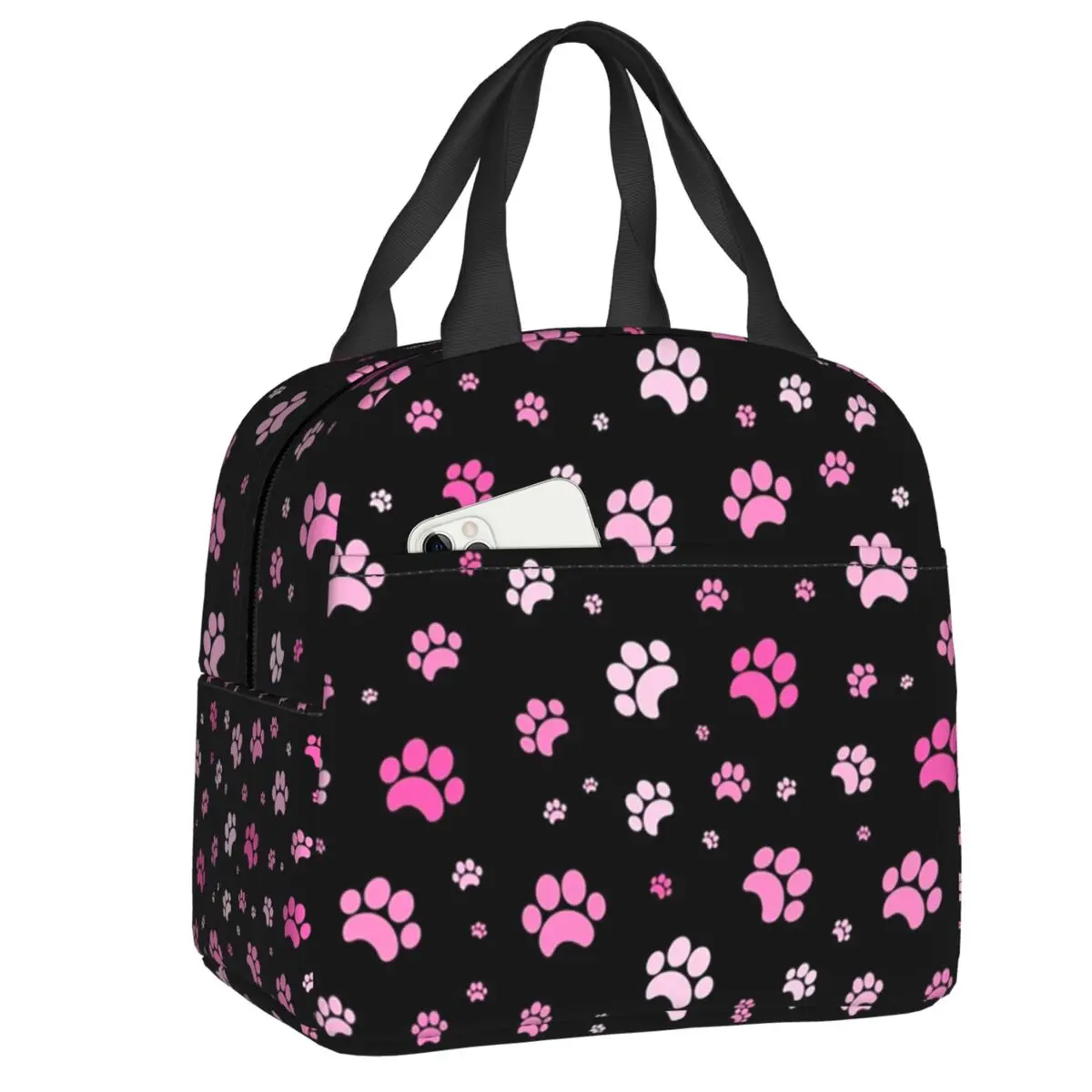 

Red And Pink Paw Dog Pattern Insulated Lunch Tote Bag for Women Portable Cooler Thermal Bento Box Outdoor Camping Travel