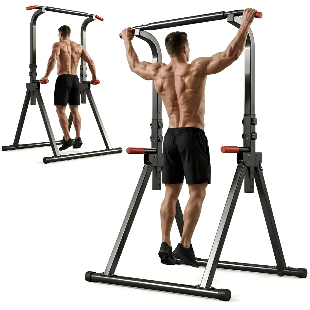 Foldable Pull Up Bar Standing Power Tower - Multi-Function Dip Station, 6-Level Adjustable Height Strength Training Fitness Equipment for Home Gym, 440lbs Max