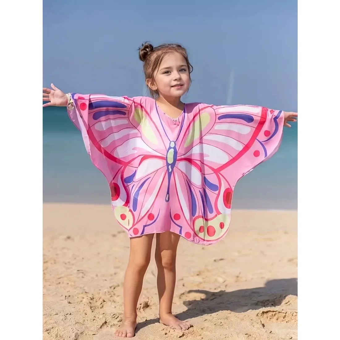 

Girls Beach Swim Cover Up, Sweet Cartoon Butterfly Wing Printed Casual Beachwear Ideal For Summer Beach Vacations