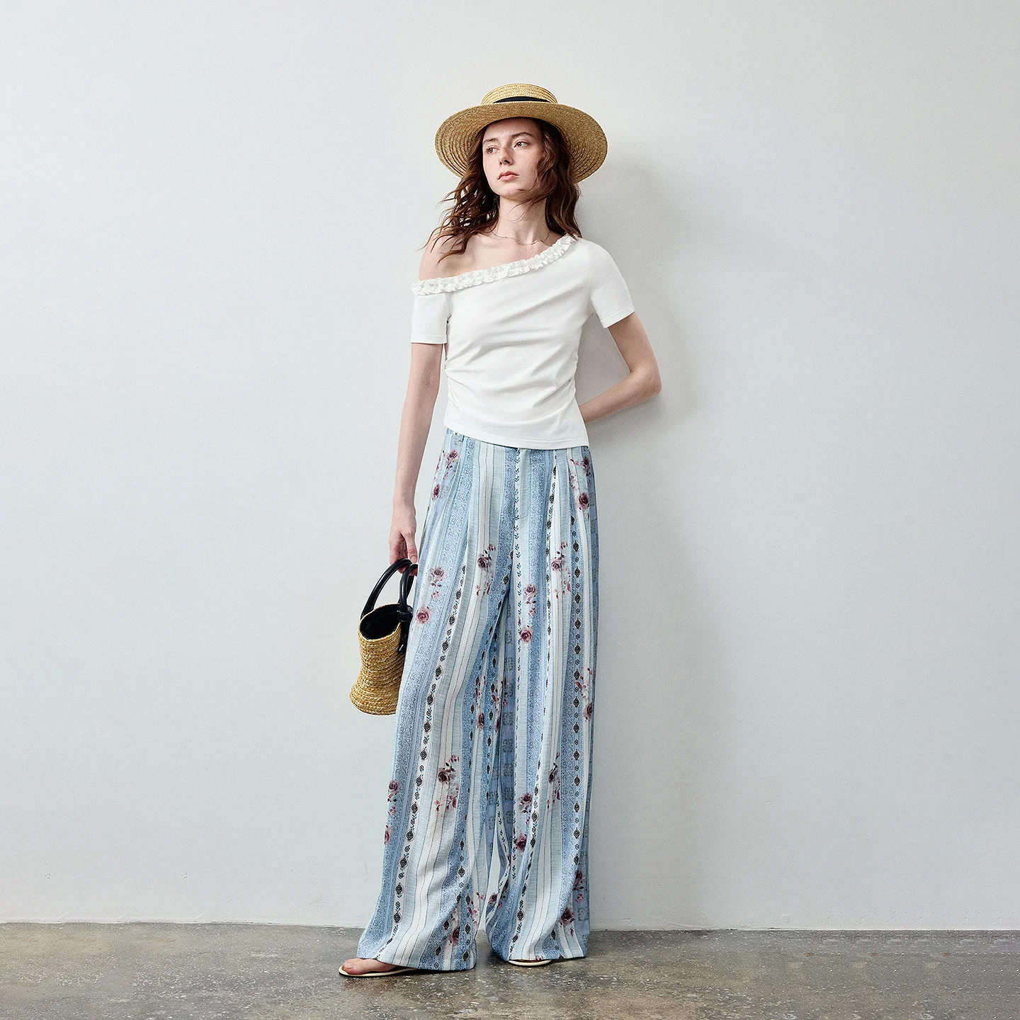 Women's Lace Off-Shoulder Top and Rose Stripe Pants Set