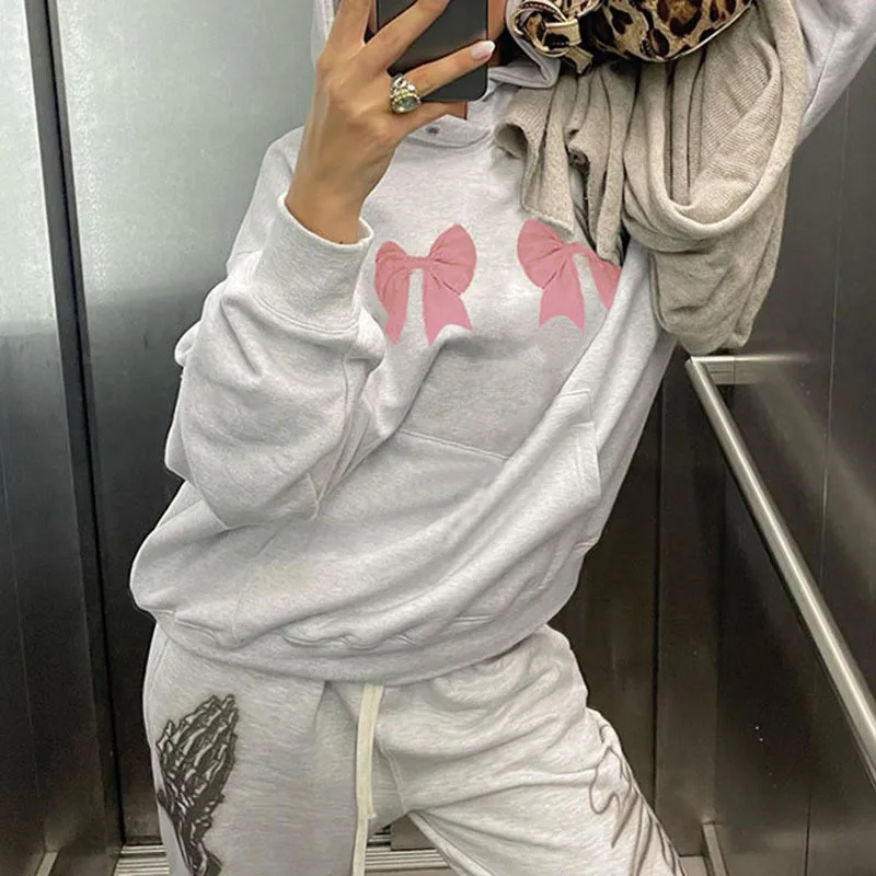 Korean Fashion Bow Print Women Hoodie Kawai Harajuku Casual Streetwear Aesthetic Y2K Pullover Loose E-girl Jacket Couple Tops