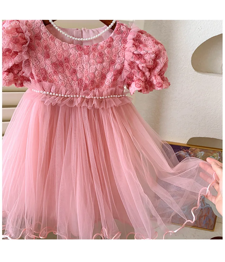 Girls Dress Summer 2024 New 3D Rose Mesh Baby Dress Childrens Princess Dress Kids Dresses for Girls