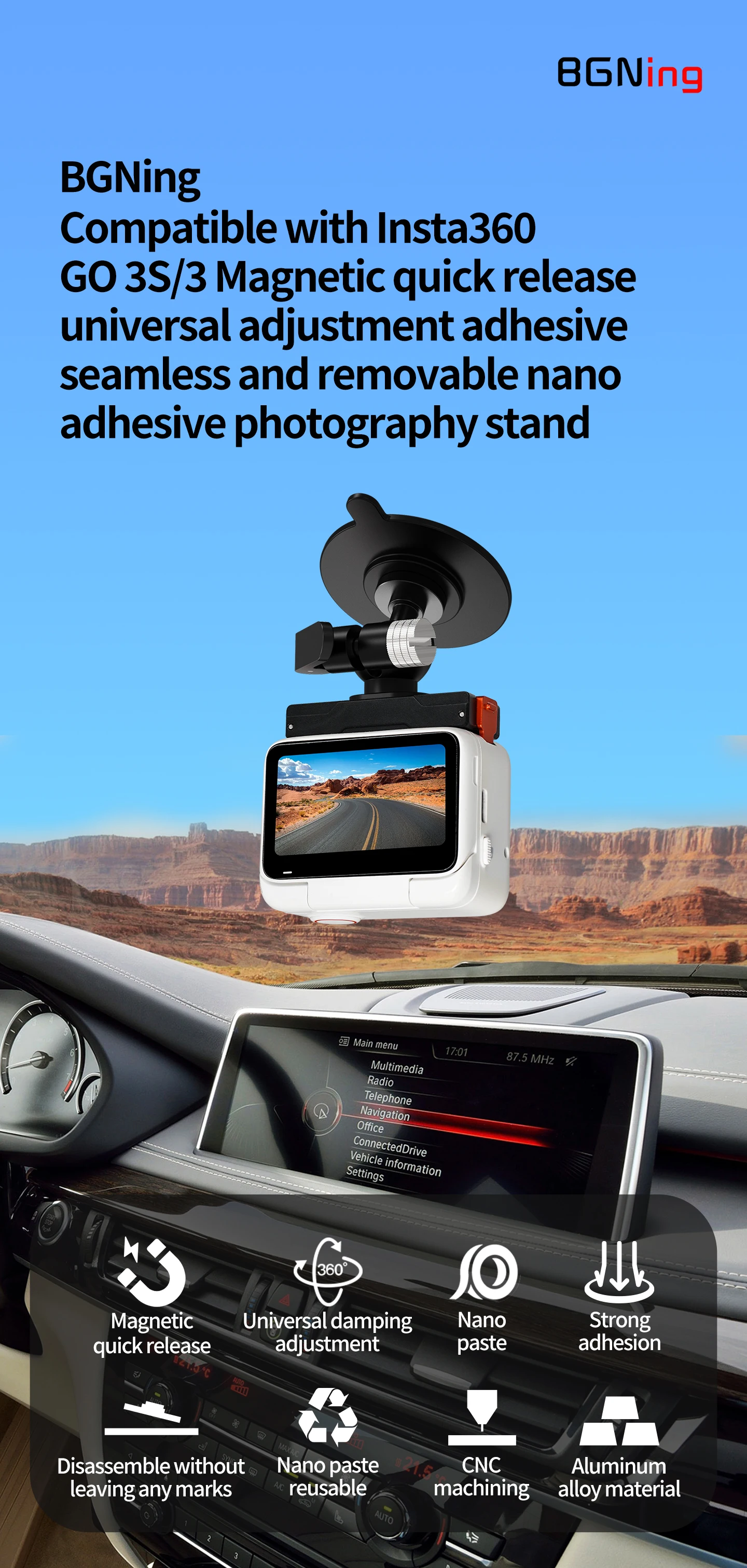 Verstellbare Kugelkopf-Kamerahalterung mit Klebe- und Saugnapfbefestigung für Motorrad und Auto, geeignet für Insta360 GO Ultra X5 X6 Ace Pro2 mit Magnetfuß – Detail 1