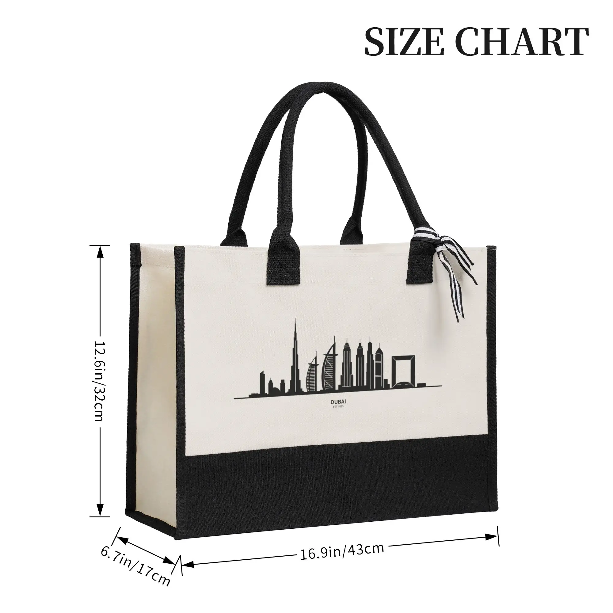 Dubai Skyline Canvas Tote Bag Eco-Friendly Reusable Splicing Gift Handbag Large Shopping Travel Beach Bag with Handles