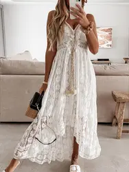 Sukienka Boho kobiety lato Maxi sukienka pani Off ramię wakacje koronki V Neck Spaghetti pasek Sundress biała sukienka Vestidos De Mujer