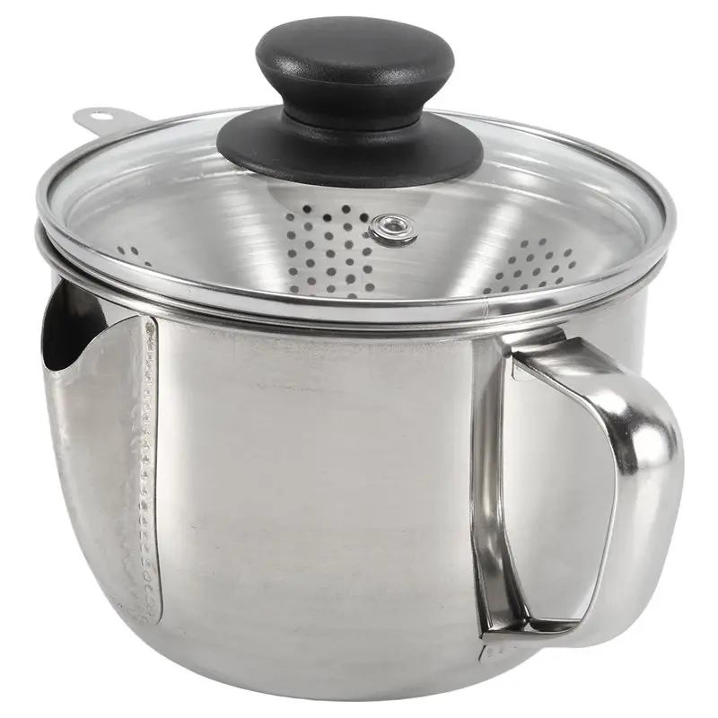 Y50A-Stainless Steel Fat Separator 1L/4 Cup, Gravy Grease Separator With Strainer And Glass Lid, Soup Oil Separator Cup