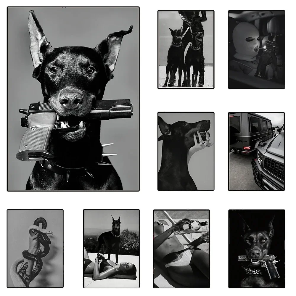 1PCS frameless Canvas paintingHypebeast Modern Black White Doberman Gun Luxury Fashion Poster Leopard Tiger Dog Canvas Painti