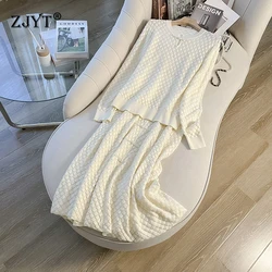 ZJYT Autumn Winter Knitted Dress Sets 2 Pieces Womens Outfits Fashion Long Sleeve Pearls Pullover Sweater and Skirt Suit Female