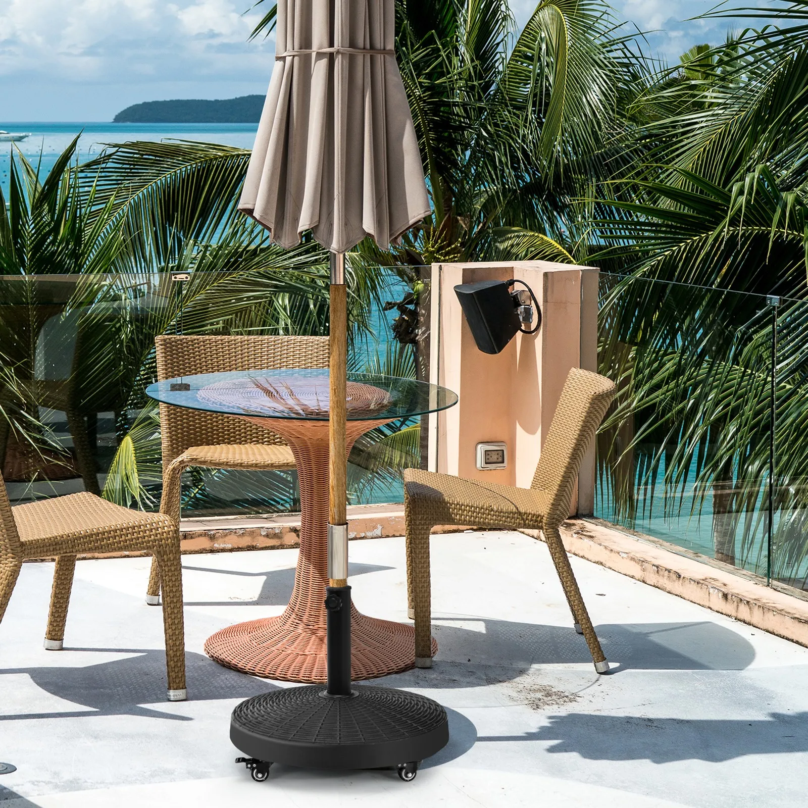 

50 lbs Round Resin Patio Umbrella Base Stand Holder w/ Lockable Wheels