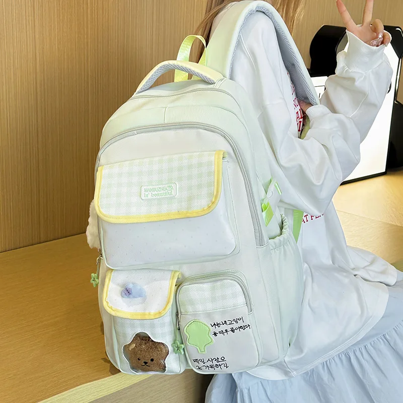 ドーパミンカラーブロックスクールスタイル学生用多ポケットバックパックナイロン韓国風甘い格子柄軽量カジュアルバックパック