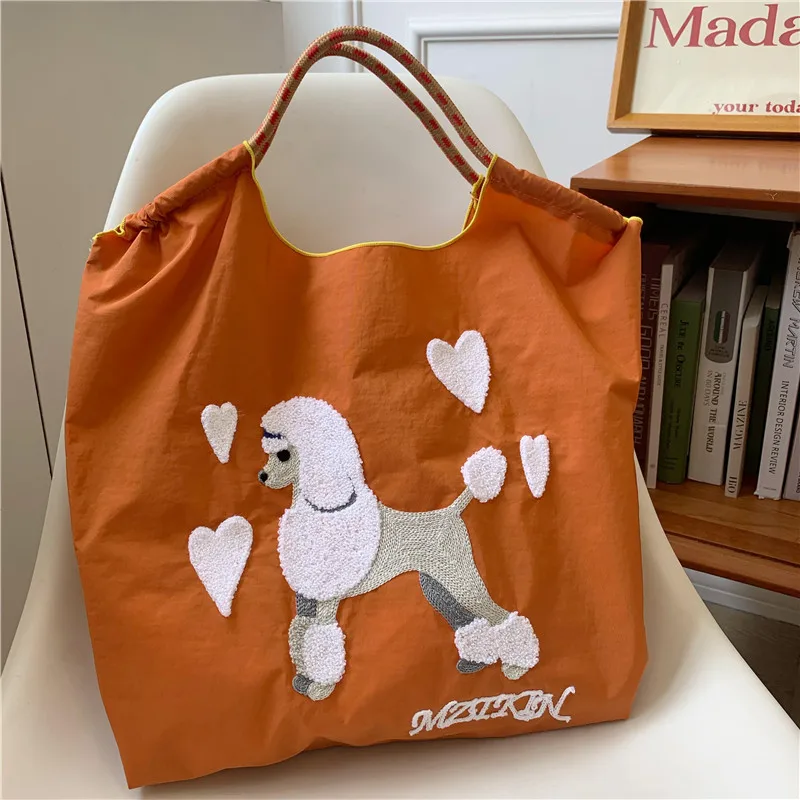 Cartoon Embroidery Tote Bags for Women Cute Poodle Shoulder Bag Dog Designer Bag Large Eco Shopper Purses and Handbags Big Hobo