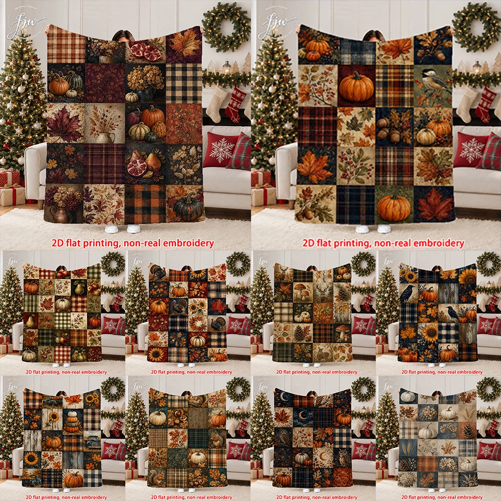 1pc  Fall Farmhouse Patchwork Fleece Blanket, Rustic Autumn Floral Pumpkin Print Throw Blanket Home Couch Bed Decor