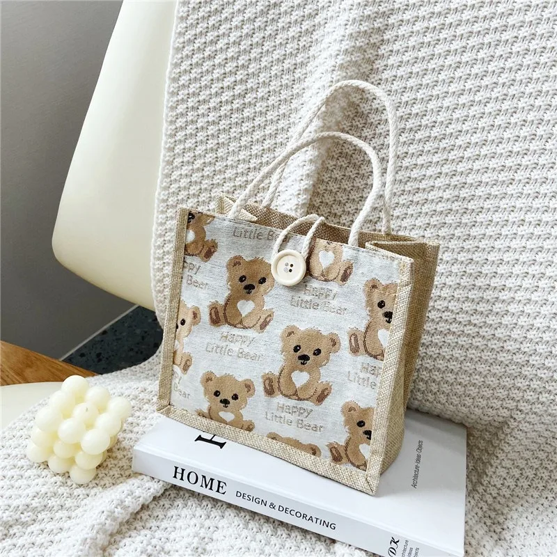 Bear Linen Tote Bag Women Japanese Ins Style Cute Cartoon Bear Portable Bento Bag Casual Travel Small Satchel Handbag