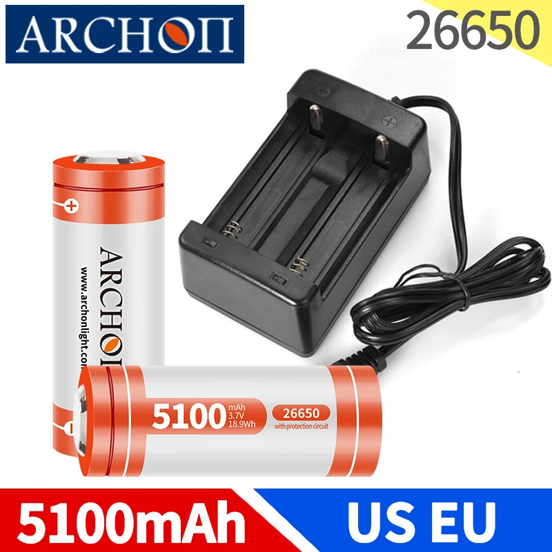 ARCHON original 26650 lithium battery 5100mAh 3.7V EU US plug 26650 charger flashlight Rechargeable battery Authentic battery