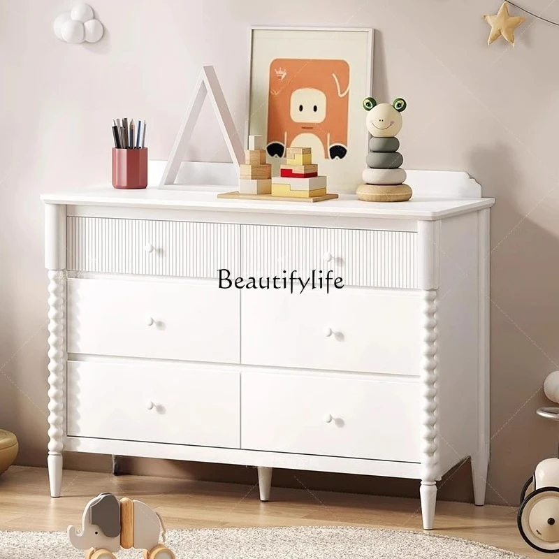 

French cream style solid wood six-bucket cabinet American living room storage against the wall White storage cabinet