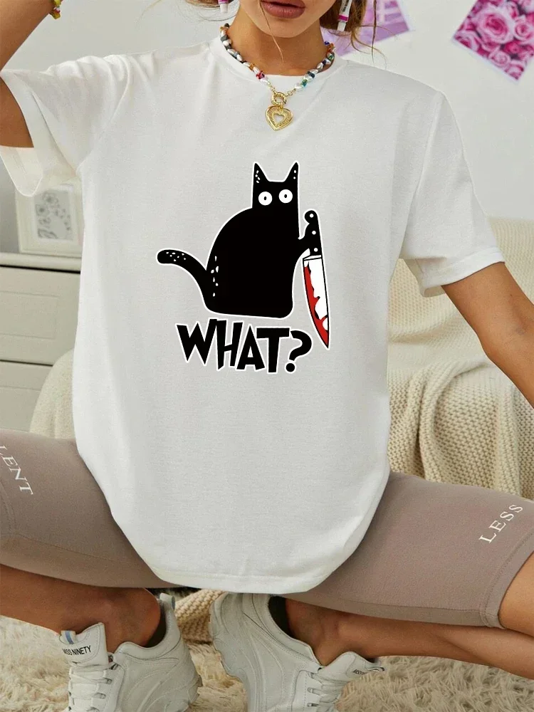 Graphic Kitchen Knife Black Cat What Print Women's Short sleeved Fashion Breathable T-shirt Summer Cool T-shirt Street Hip Hop