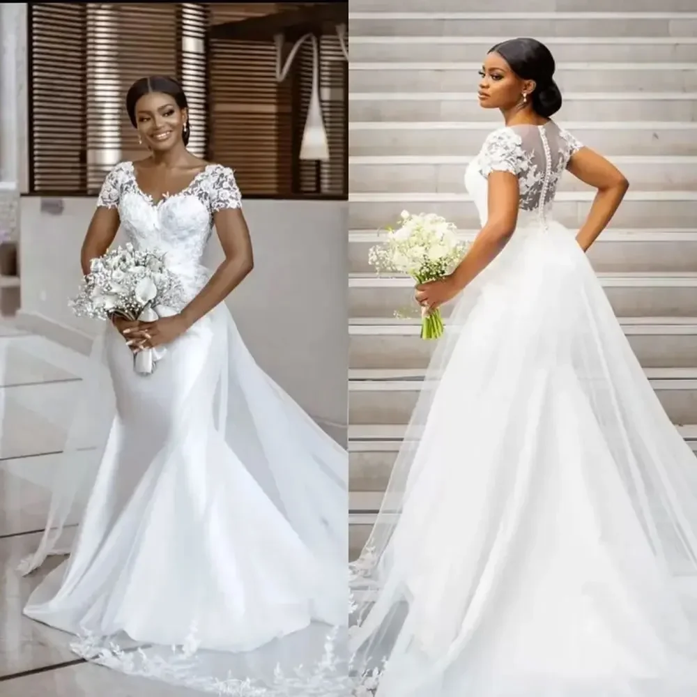 Sexy com decote em v vestidos de casamento feminino elegante 2024 manga curta vestidos de novia floral renda botão traseiro vestidos de noiva personalizados