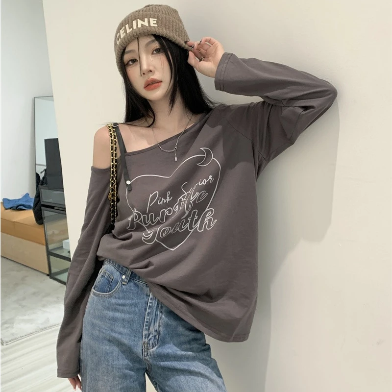 Printed Long-sleeved T-shirts Women 2024 New Spring Loose Niche American Style Slash Neck Tops High Street Versatile Tees Female