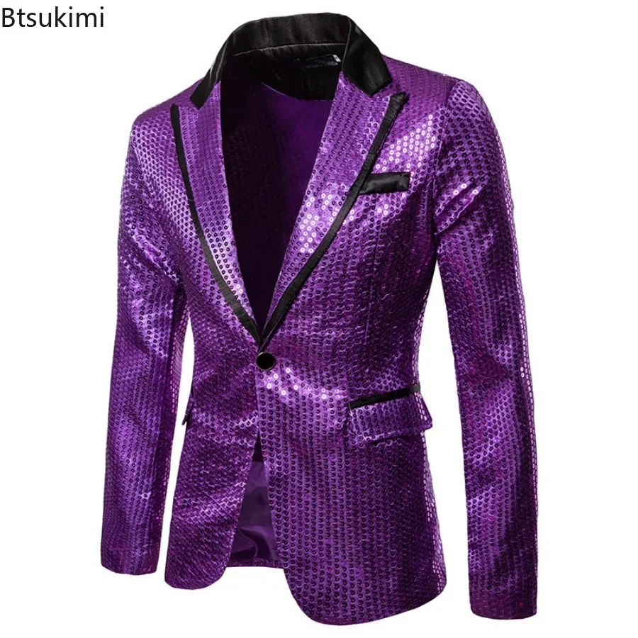 New2025 Men's Shiny Gold Sequins Glitter Tuxedo Blazer Jacket One Button Dress Suit Male Nightclub Stage Singer Blazer Masculino