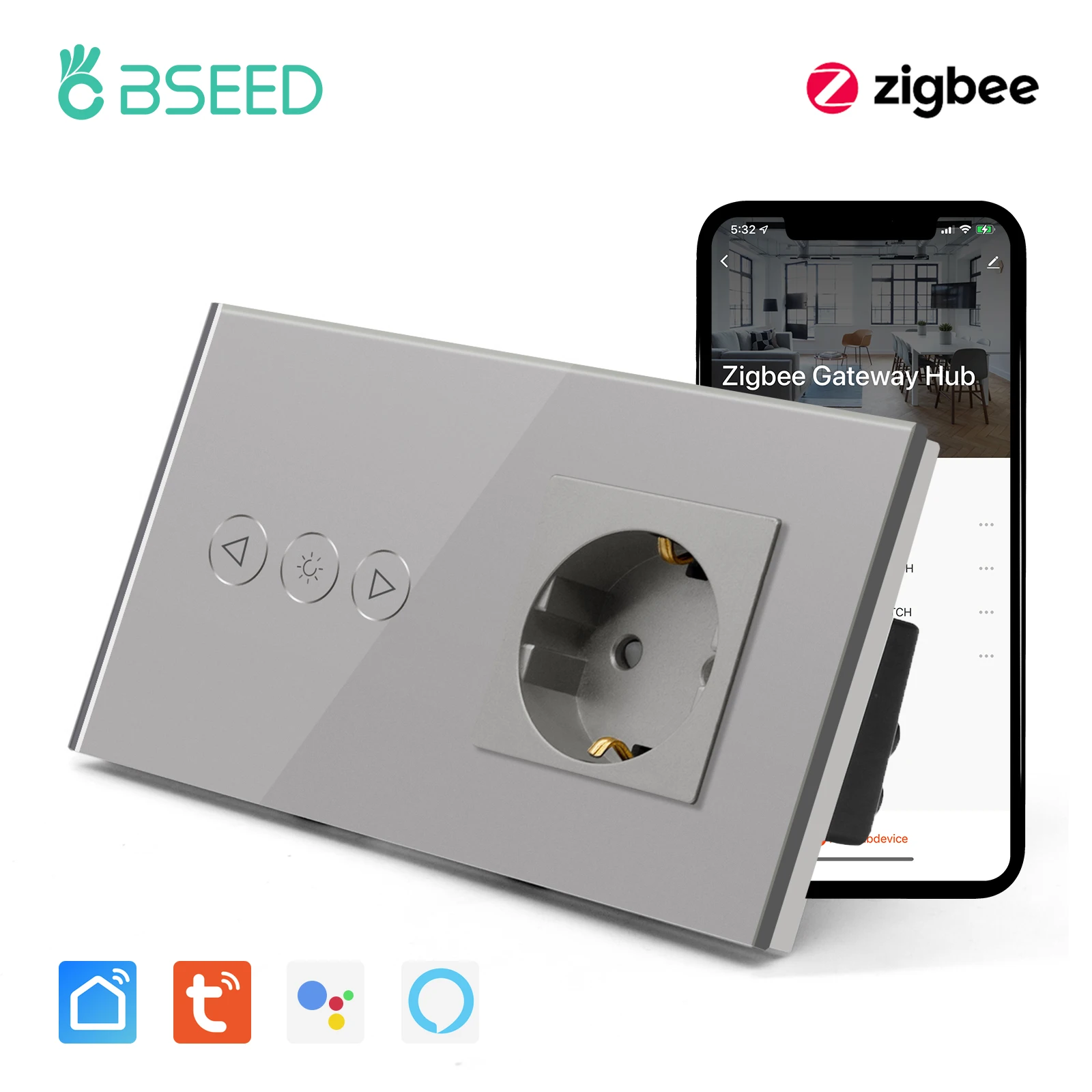 bseed zigbee dimmer switch 1gang 1way inteligente parede toque dimmer suporte tuya google casa alexa com soquete de energia normal da ue 01