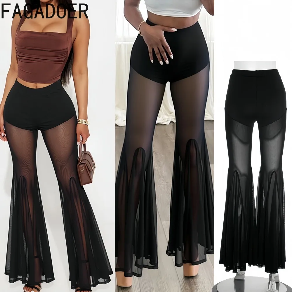 

FAGADOER Y2k Sexy See Through Bodycon Pants Women Mesh Ruched Patchwork High Waist Pants Female Streetwear Bottoms 2025 New