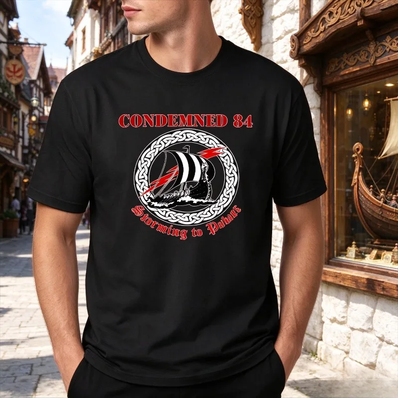 CONDEMNED 84 Storming to Valhalla T-Shirt, Viking Longship Graphic Tee, Soft Modal , Loose Fit Short Sleeve Top for Men