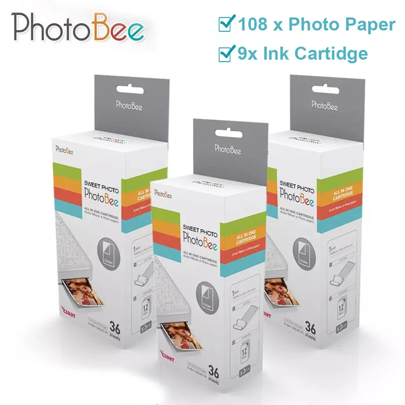 

108Sheets Photo Paper and 9pcs Ink Cartidge Set For PhotoBee Photo Printer Inkless Printing Android IOS Printers