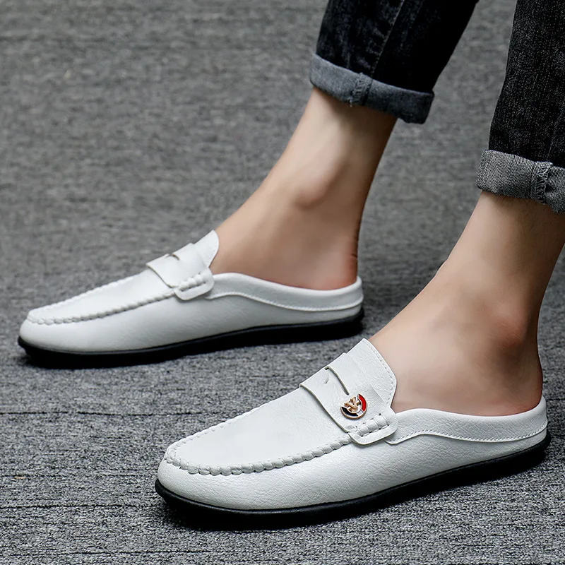 Men Slippers Fashion Leather Loafers Moccasins Outdoor Non-slip Casual Driving Shoes Men Mules Slides Comfortable Beach Sandals