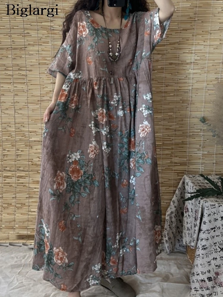 فستان صيفي كبير الحجم مطبوع عليه زهور فستان نسائي فضفاض مكشكش فساتين نسائية غير رسمية فستان طويل على شكل حرف a