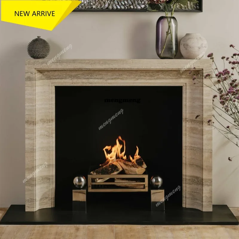 M138 Natural beige cave mantel marble living room stone fireplace decorative cabinet