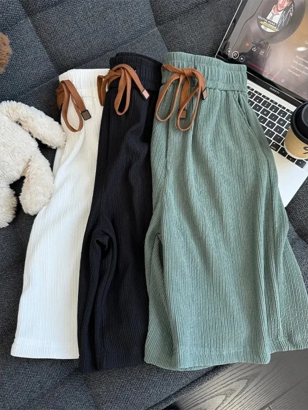 

Американские мужские летние брюки из текстурированного ледяного шелка, свободного кроя, длиной до колена, прямые, повседневные, для баскетбола