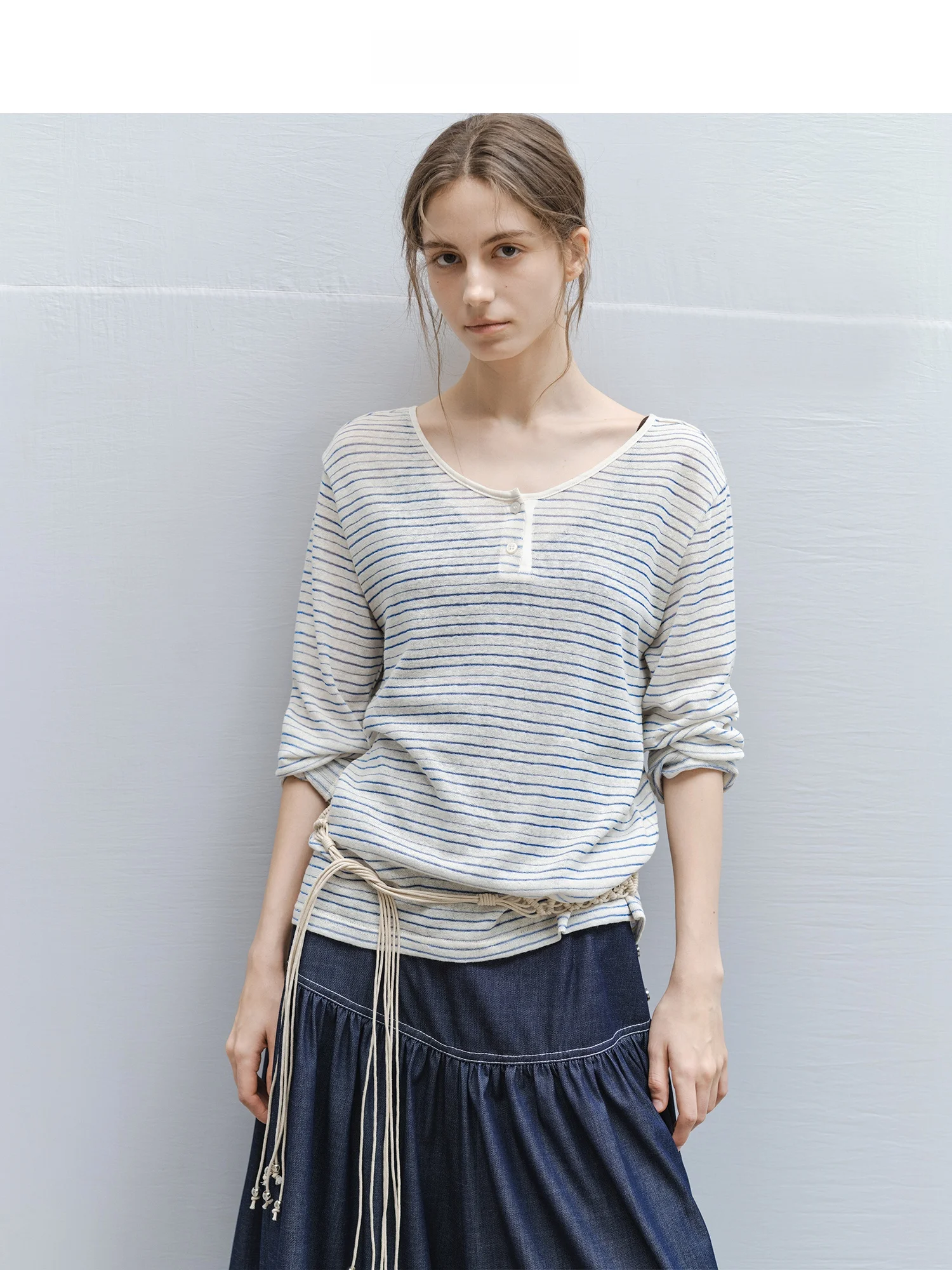 

Tageechita Hand-Drawn Stitch Loose Long Sleeve T-Shirt Large U-Neck Micro-Permeability Base Shirt Top Women Casual Cotton Pol...