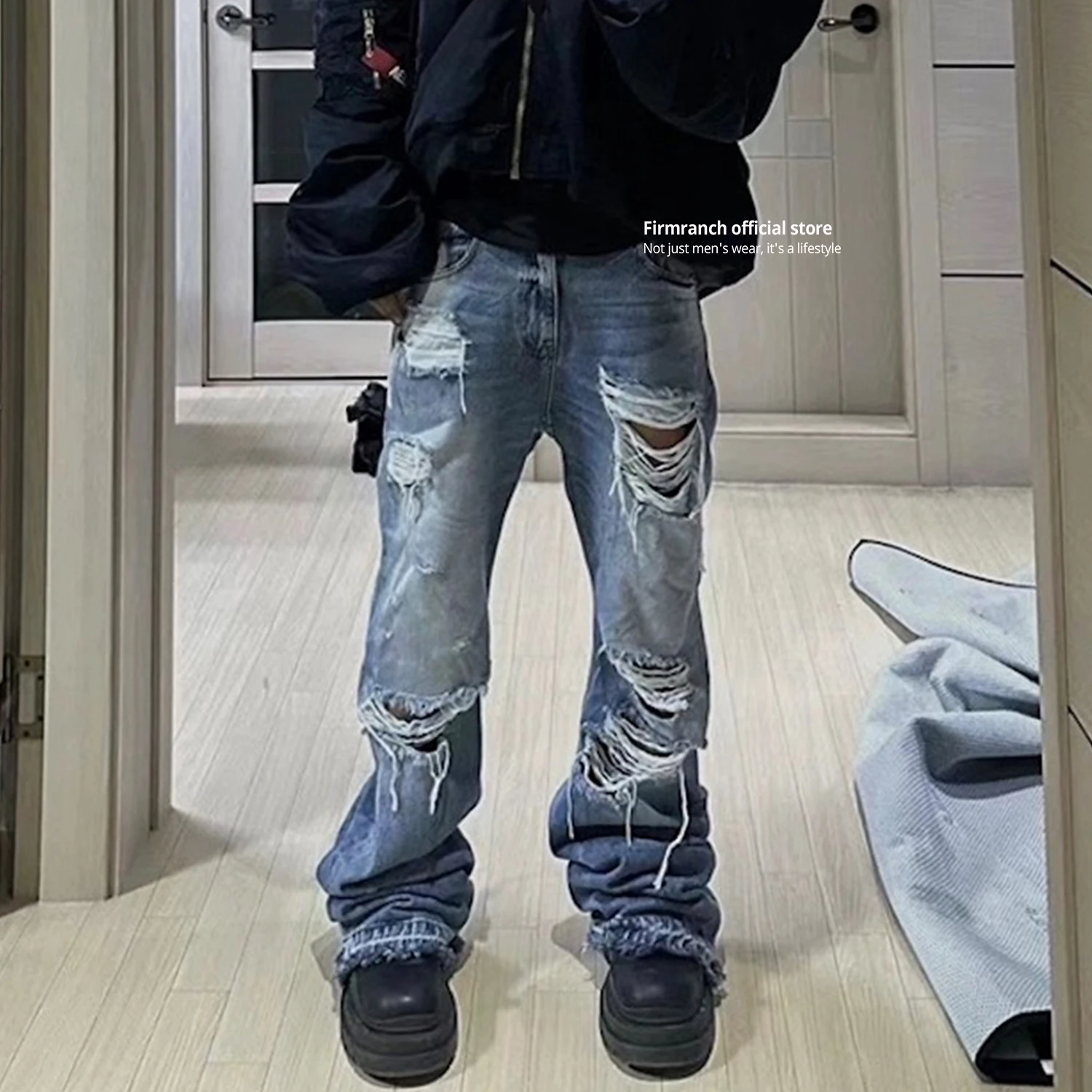 Firmranch 2024 New Korean Blue Ripped Jeans For Men Women Worn Mopping Length Flared Denim Pants Streetwear Catwhiskers Trousers