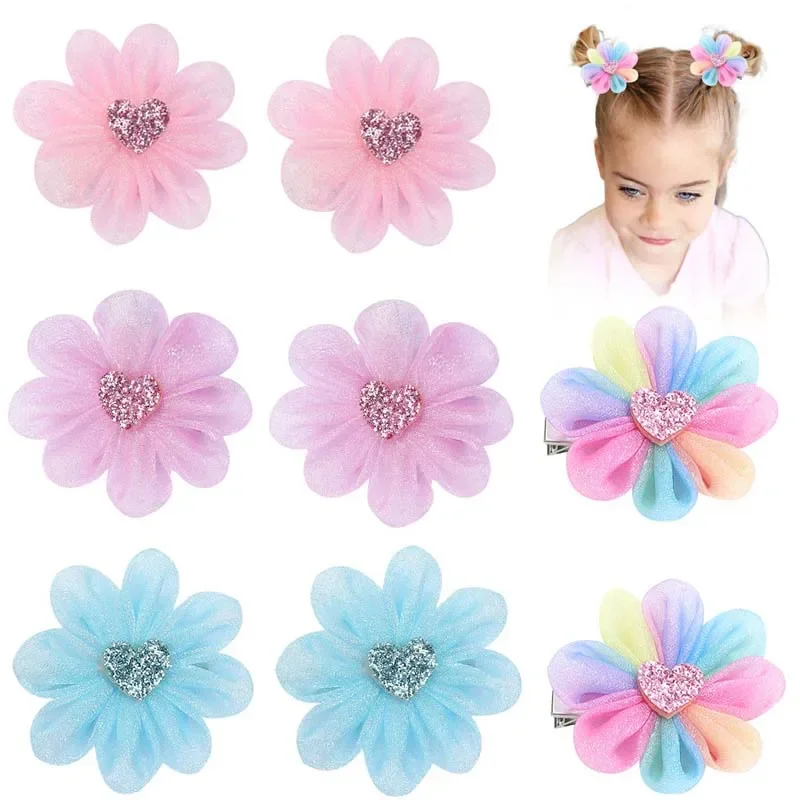 ncmama 2Pcs/set Summer Mesh Flower Hair Clips For Baby Girls Handmade Hairpins Barrette Fashion Hair Accessories Child Headwear