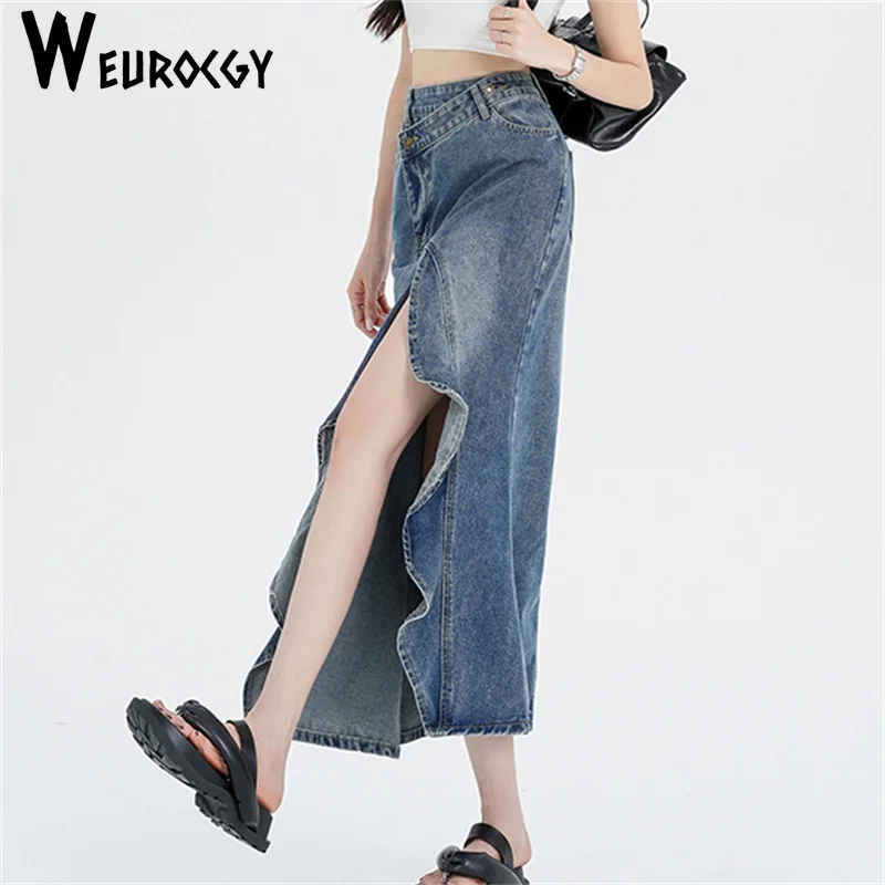 Women Denim Skirt 2024 Spring Autumn Korean Edition Irregular Slit Retro Y2k High Waist Mermaid Long Fish Tail Skirt Streetwear