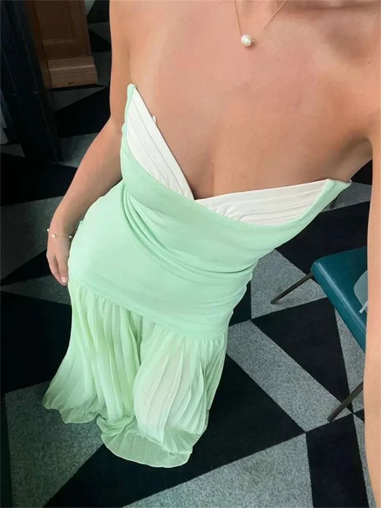 

Модное контрастное плиссированное длинное платье для женщин, облегающее, с открытой спиной, летнее, без бретелек, элегантное, для вечеринок, женское макси-платье