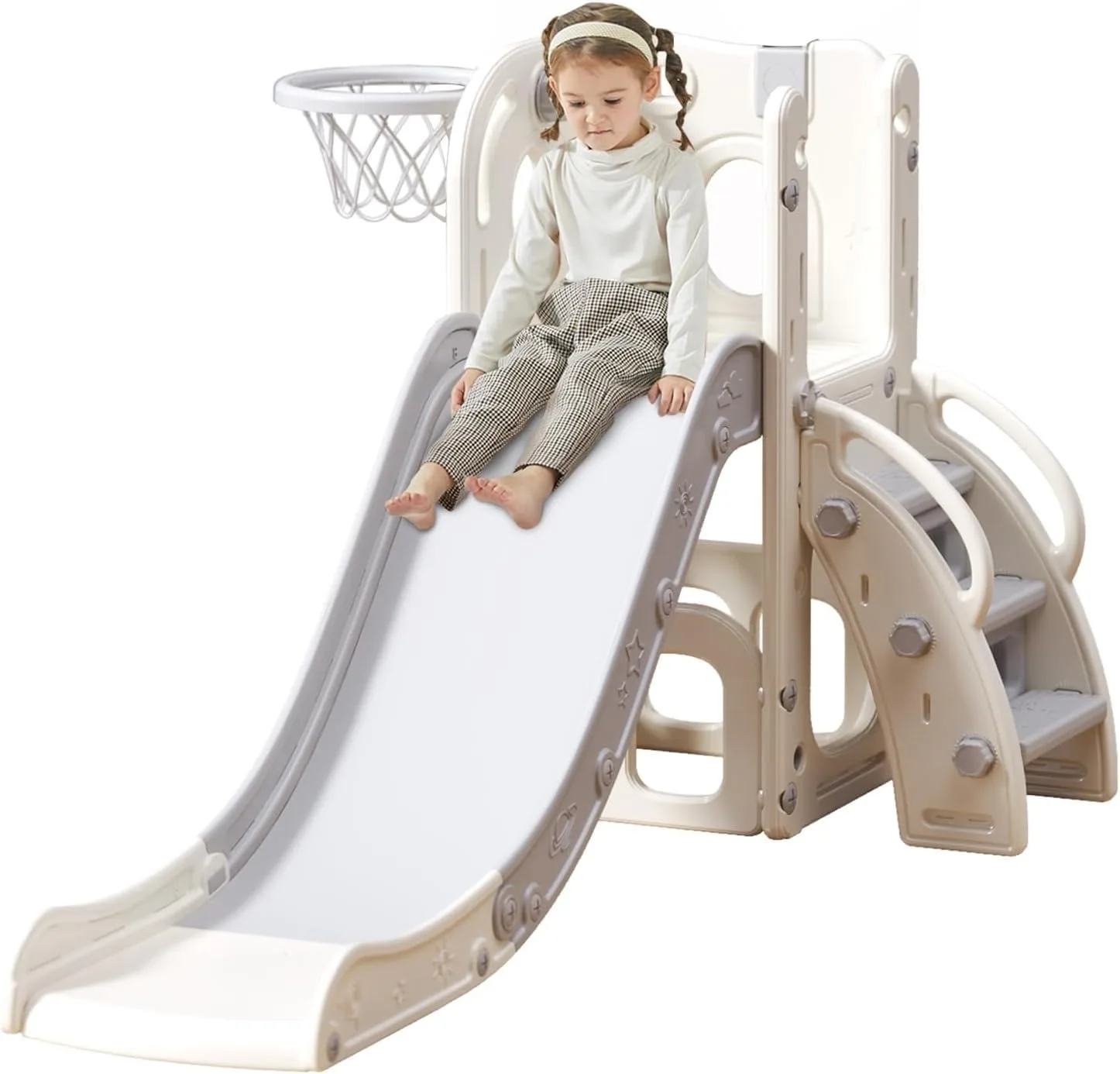 Kinderrutsche, multifunktionale Kleinkindrutsche mit Laufstall, Stauraum und rutschfesten Stufen, Indoor- und Outdoor-Plat (Grau Weiß)