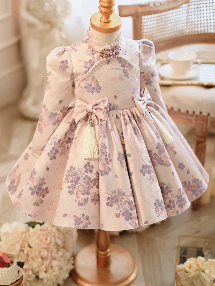 Kids Cute Bow Beading Design Birthday Party Wedding Boutique Dresses y1127 Baby Girls Long Sleeve Evening Princess Ball Gown