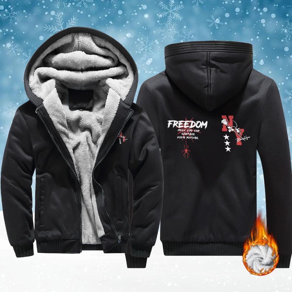 

Freedom New York City Pattern Winter Men Soft Fleece Jackets Thicken Warm Outwear Casual Comfy Hoodie Zip-Up Pocket Unisex Veste