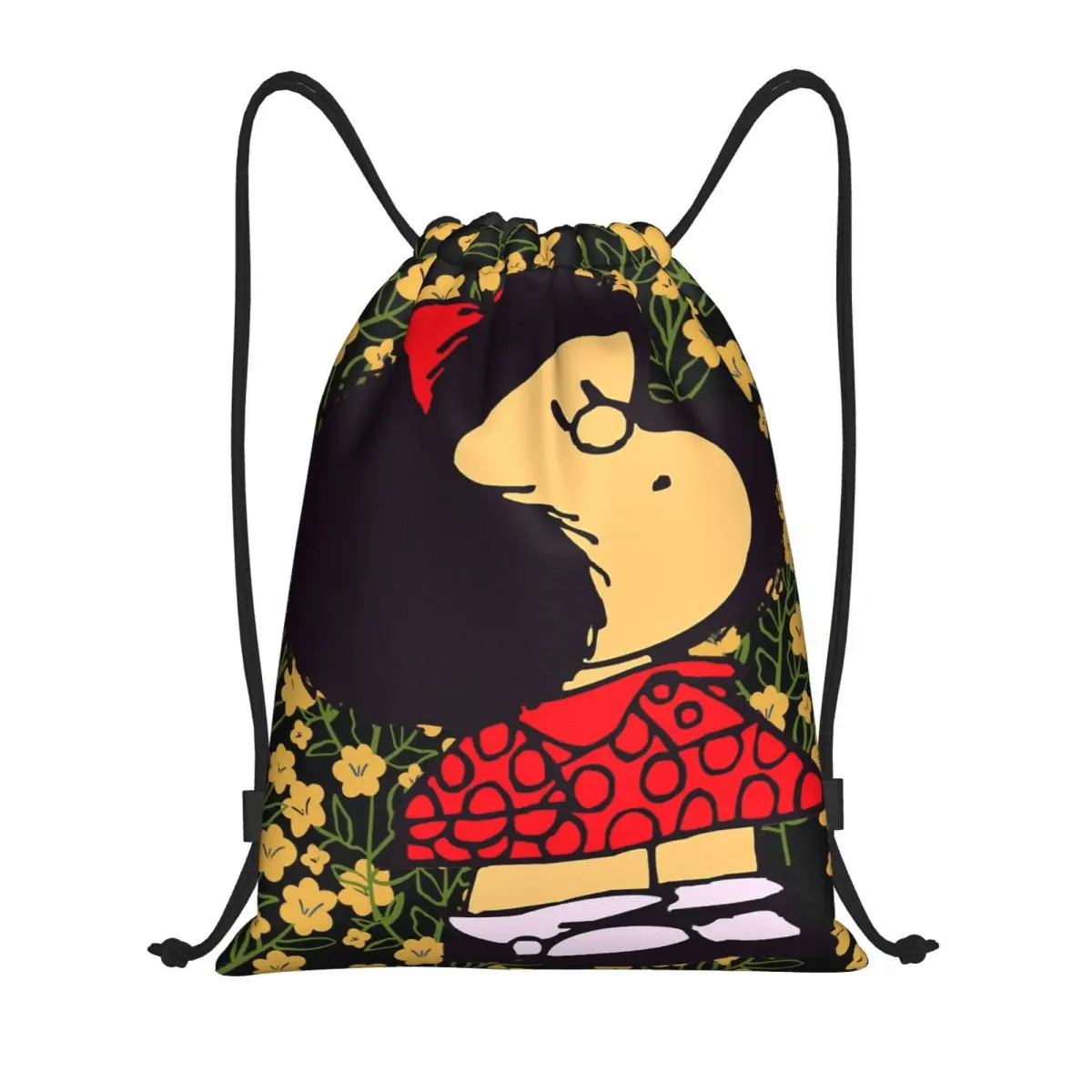Mafalda And Flowers Drawstring Backpack Sports Gym Bag for Women Men Shopping Sackpack