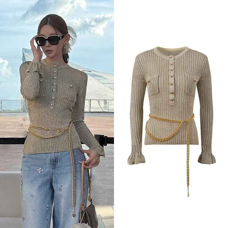 

CHUJIE 2025 Autumn New French Style Elegant Fashion Slim Fit Round Neck Single-Breasted Knitted Top With Waist Chain