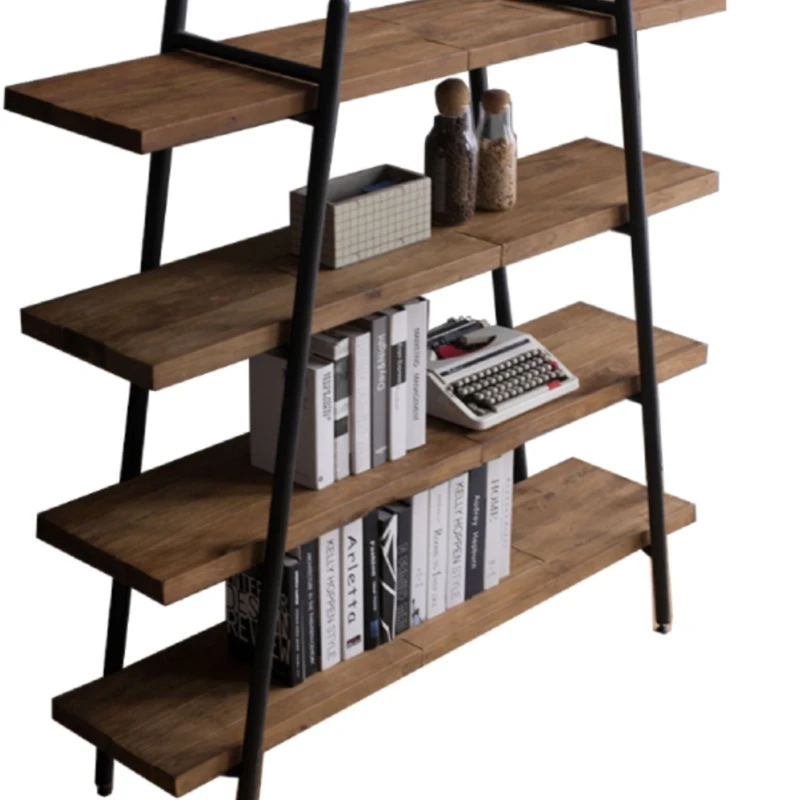 

Log bookshelf Wrought iron shelf Floor to ceiling against the wall Simple solid wood living room Multi-layer one-word board