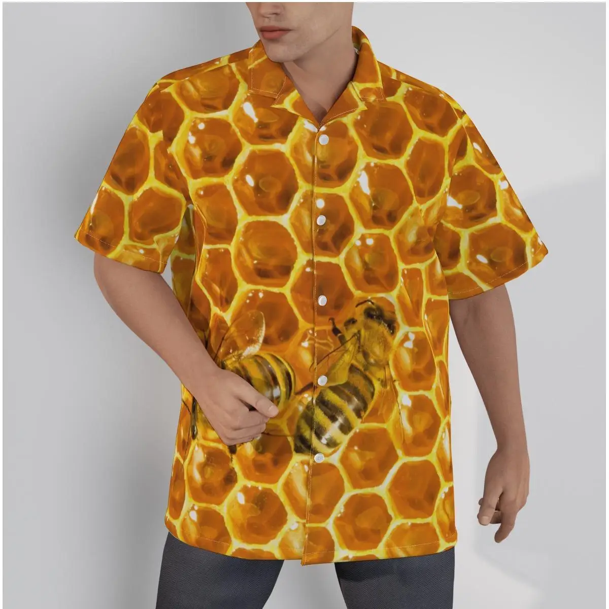 

Men's Hawaiian Yellow Shirt Creative Funny Honeybee Beach Short Sleeve Summer Casual Button Up Patchwork Tops 3D Shirts