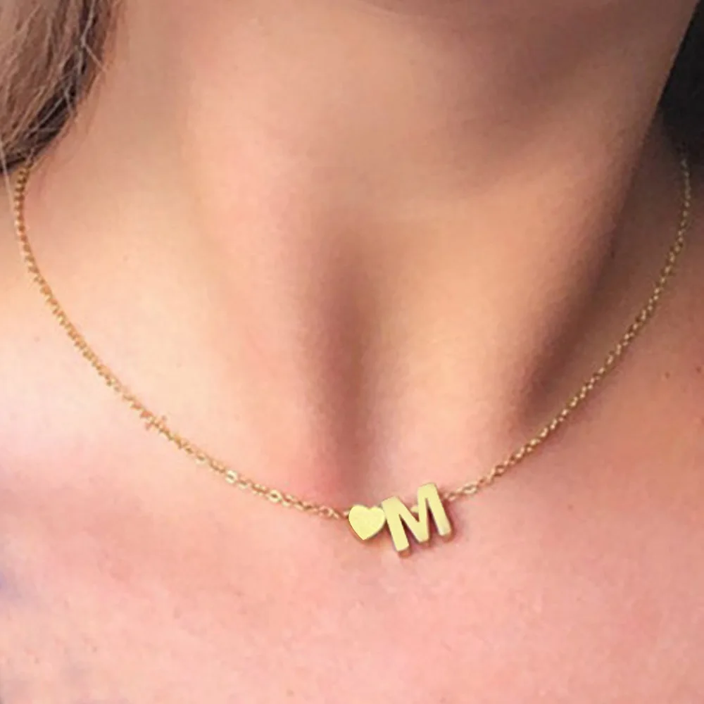 New Fashion Tiny Heart Dainty Initial 26 Letter Necklace Gold Silver Color Stainless Steel Women Girl\'s Jewelry Birthday Gift