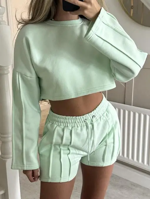 

Two Piece Set Women Outfit 2025 Spring Summer New Solid Color Round Neck Short Sleeve Crop Top & High Waist Casual Shorts Set