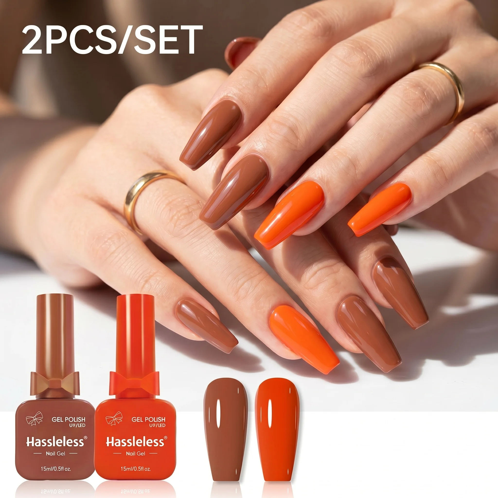 Hassleless 2-Piece Caramel Brown and Bright Orange Nail Polish Set, Gentle Retro Caramel Brown and High-Saturation Warm Orange Dual-Color Combination, Autumn and Winter Vibe Color-Changing Nail Art
