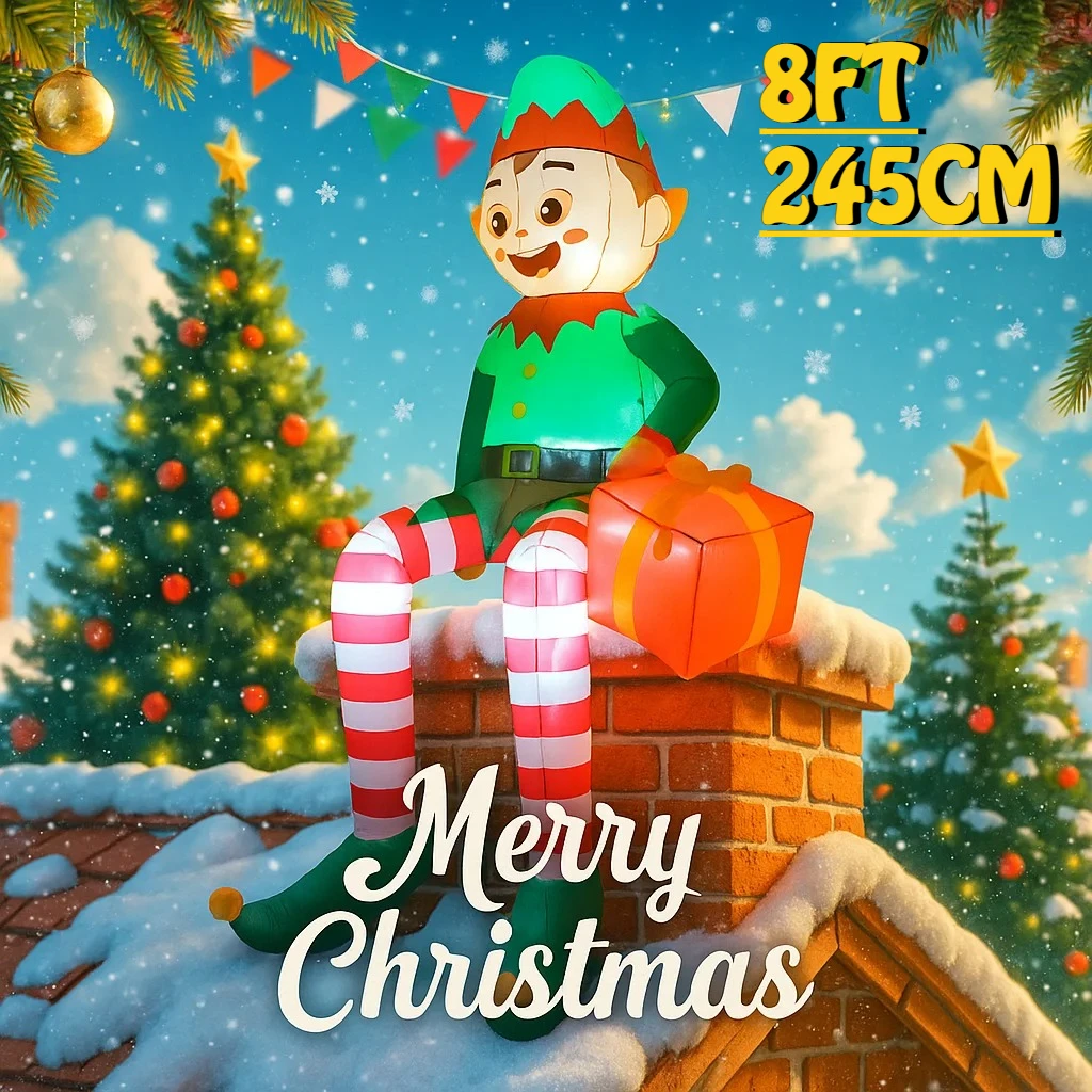 8FT عيد الميلاد نفخ لعبة للهواء الطلق يجلس قزم عقد شنطة هدايا لعبة تفجير بناء مصباح ليد عيد الميلاد ديكور حفلات لعبة قابلة للنفخ